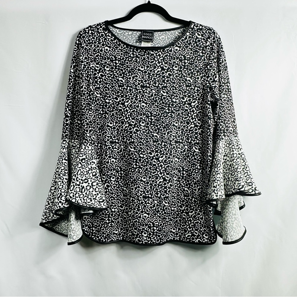 Coco Bianco Women’s Sz Medium Ruffled Sleeve Leopard Print Round Neck Blouse Top